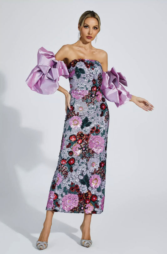 Amelie puff sleeves flower midi dress