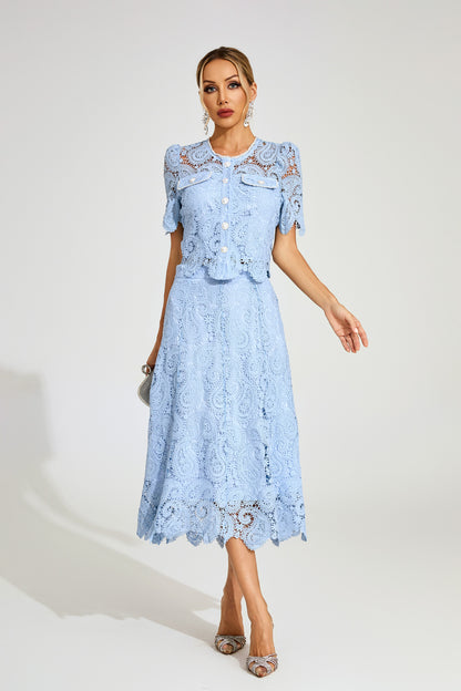 Amélie Sky Lace Midi Skirt & Top  Set