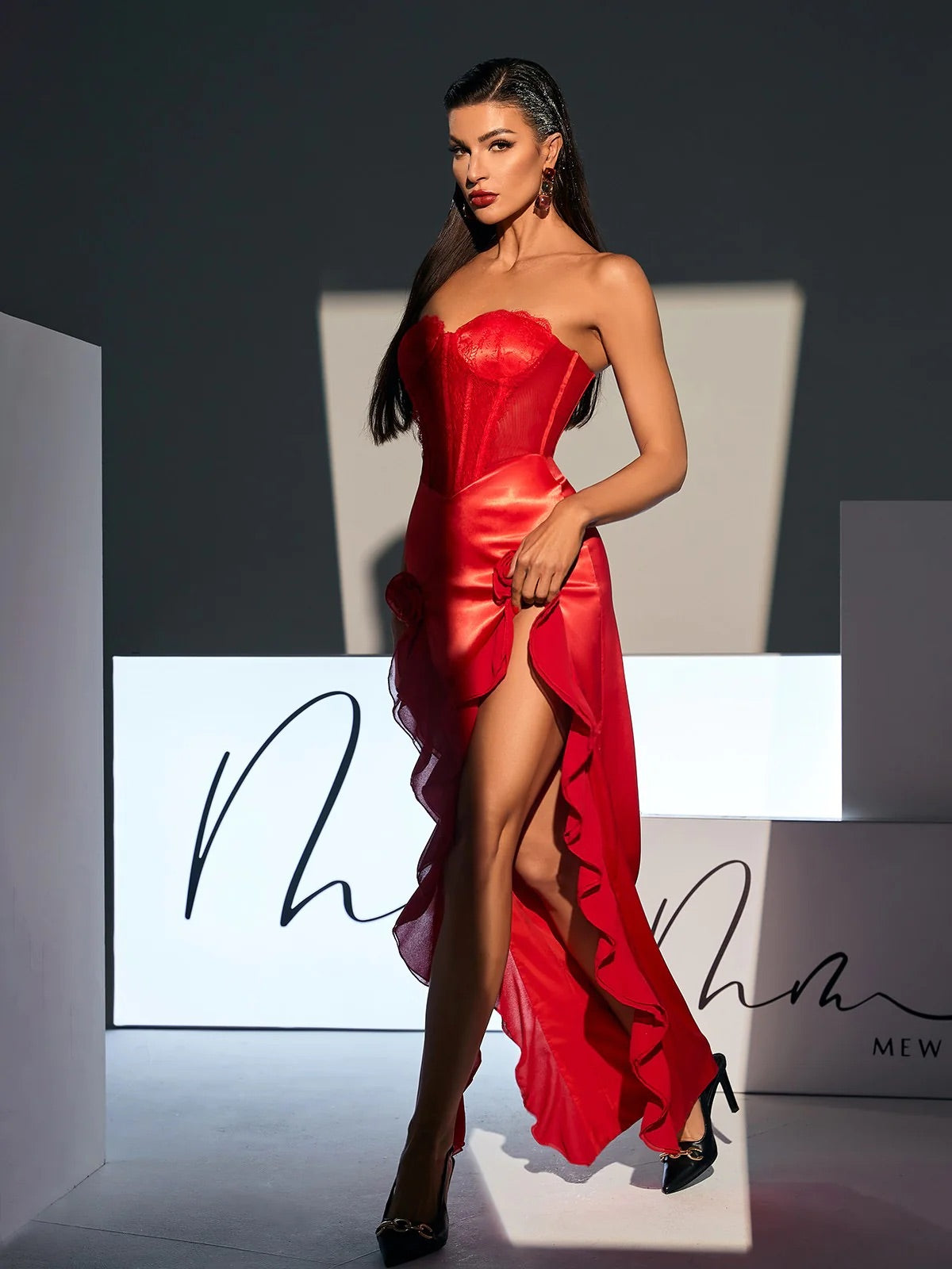 Red satin/lace corset style maxi dress (8293351325934)