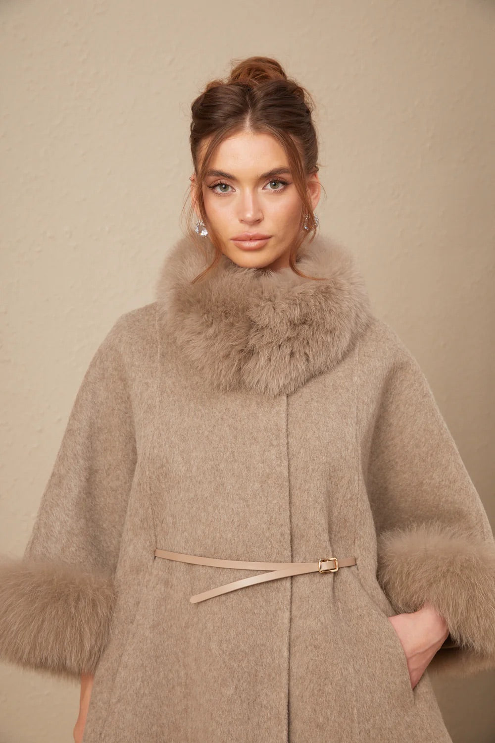 Wool belts fur cape coat