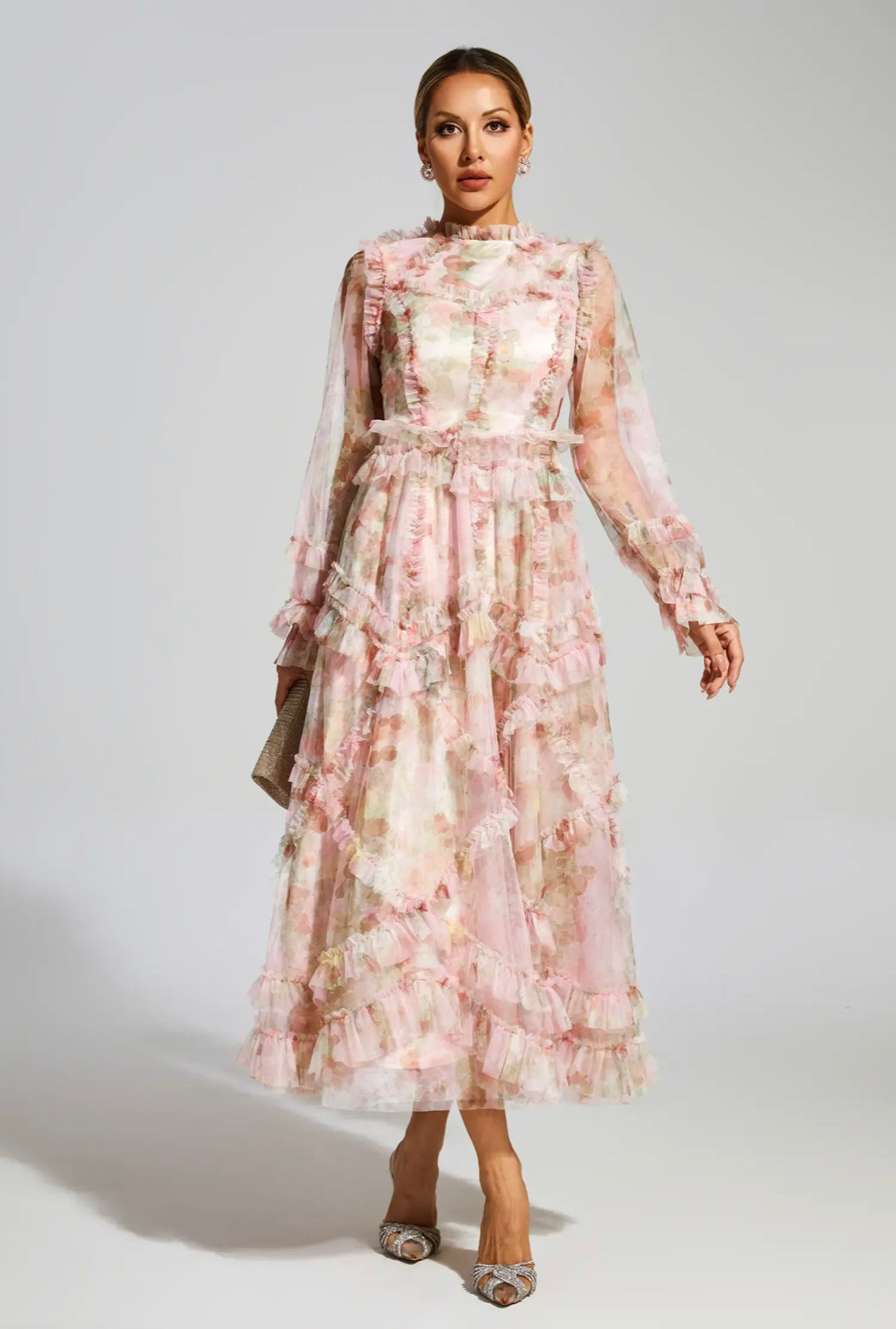 Pink mesh floral maxi dress (Preorder)