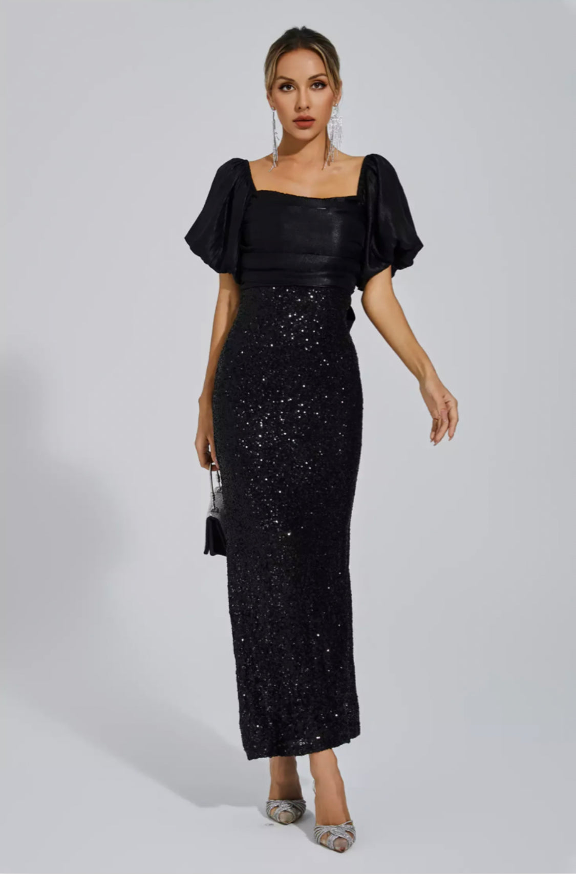 Linda black bow sequin maxi dress