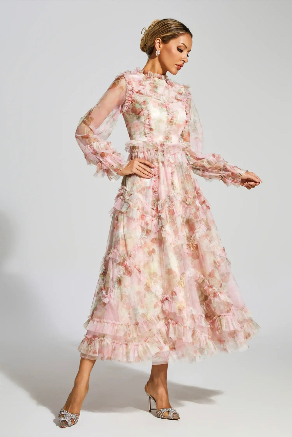 Pink mesh floral maxi dress (Preorder)