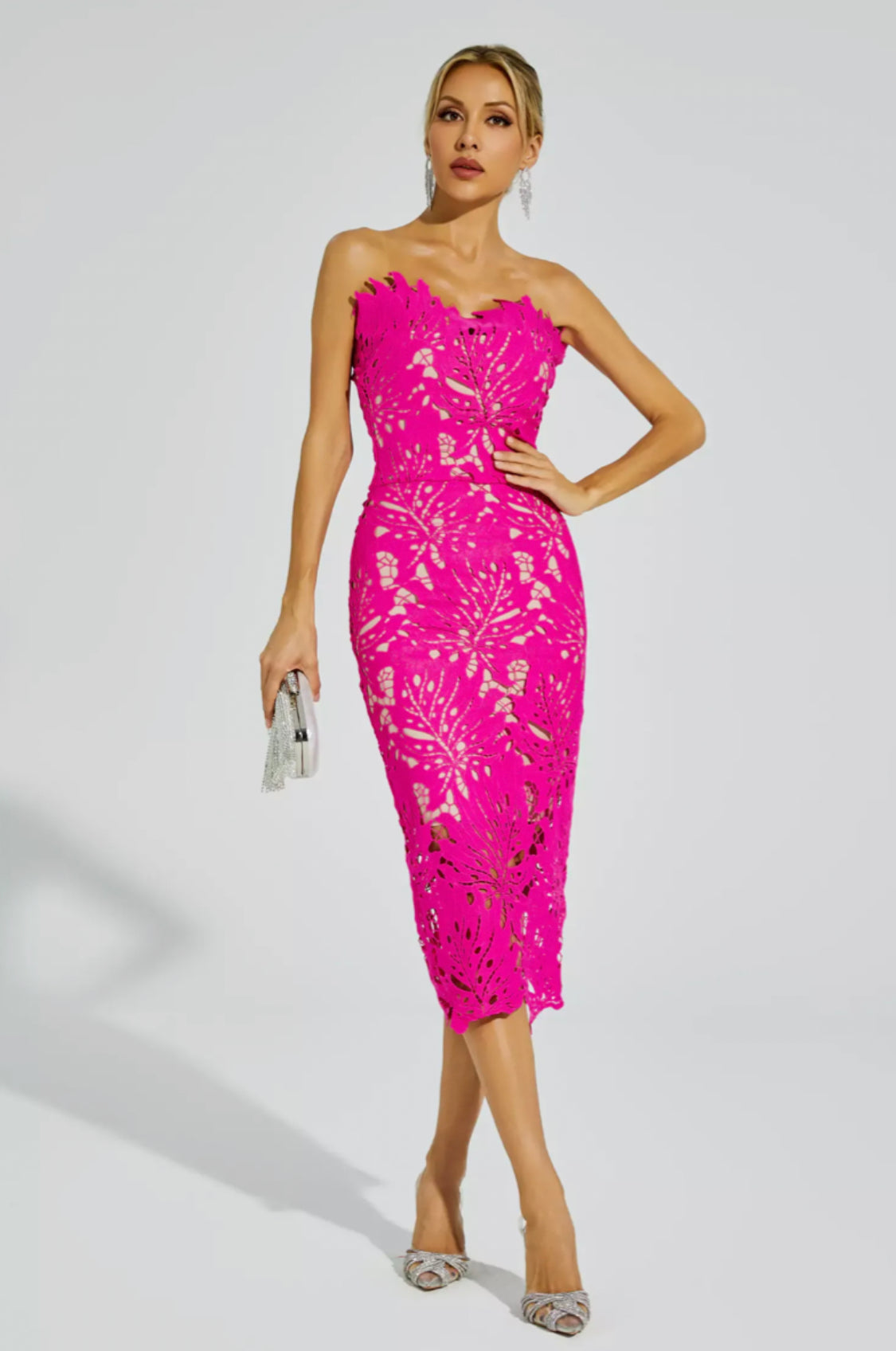 Jazlyn pink lace midi dress