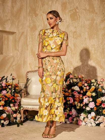 Soleil Bloom Flower Embroidered Midi Dress