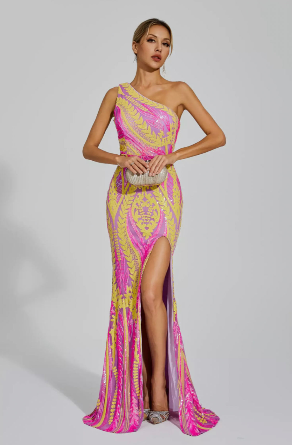 Phelps yellow/pink sequin maxi dress