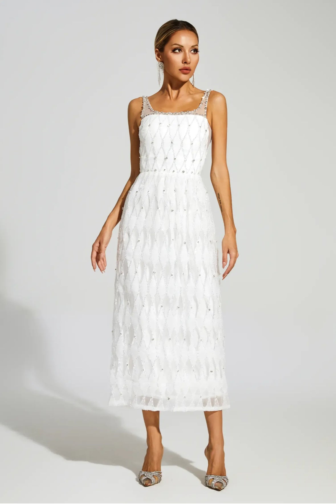 Crystal beads embellished white maxi dress