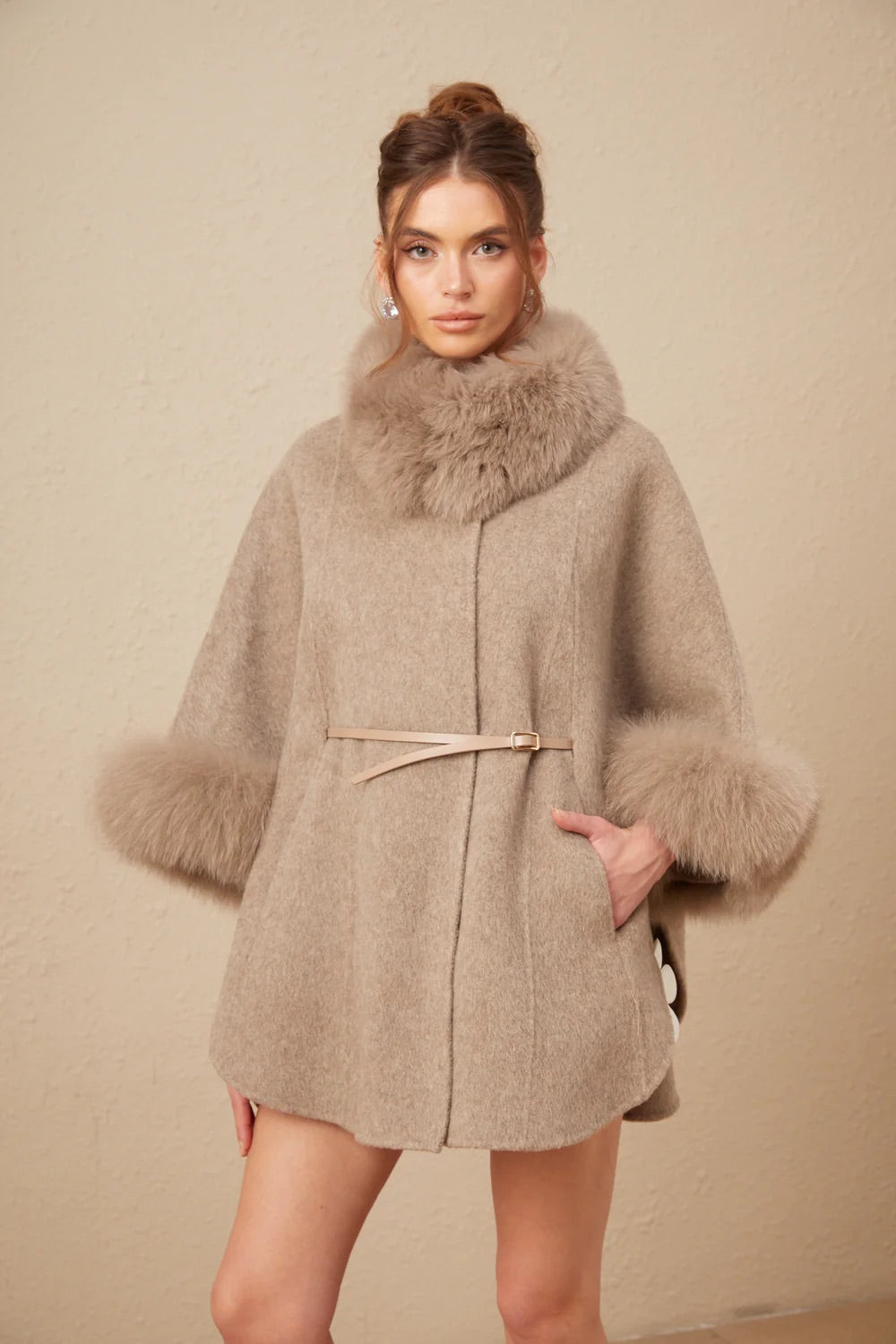 Wool belts fur cape coat