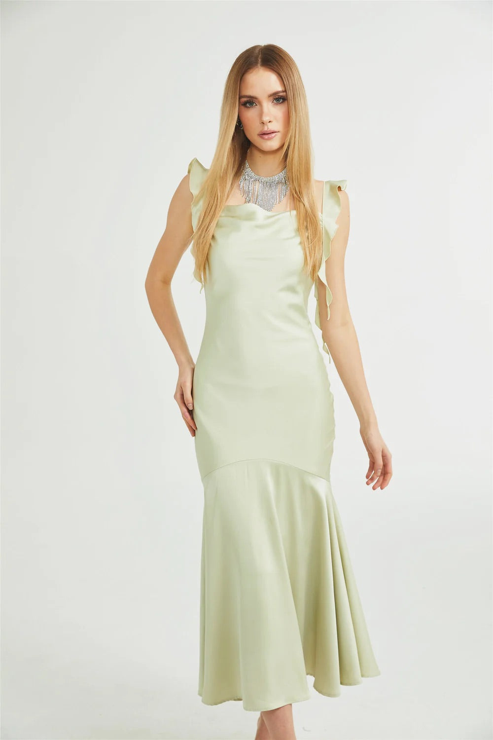 Marlena green satin midi dress