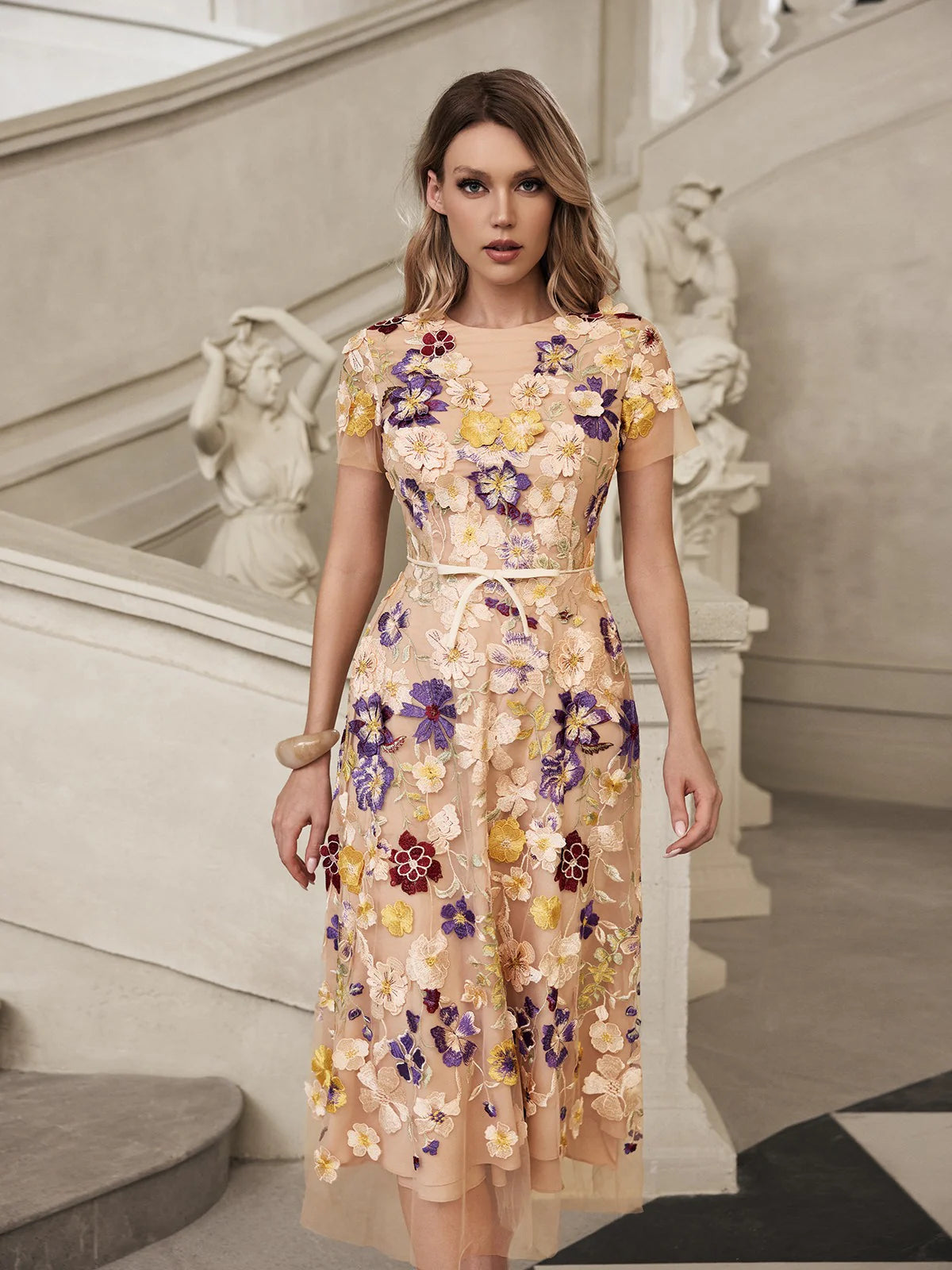 Fleur Embroidered Tulle Midi Dress