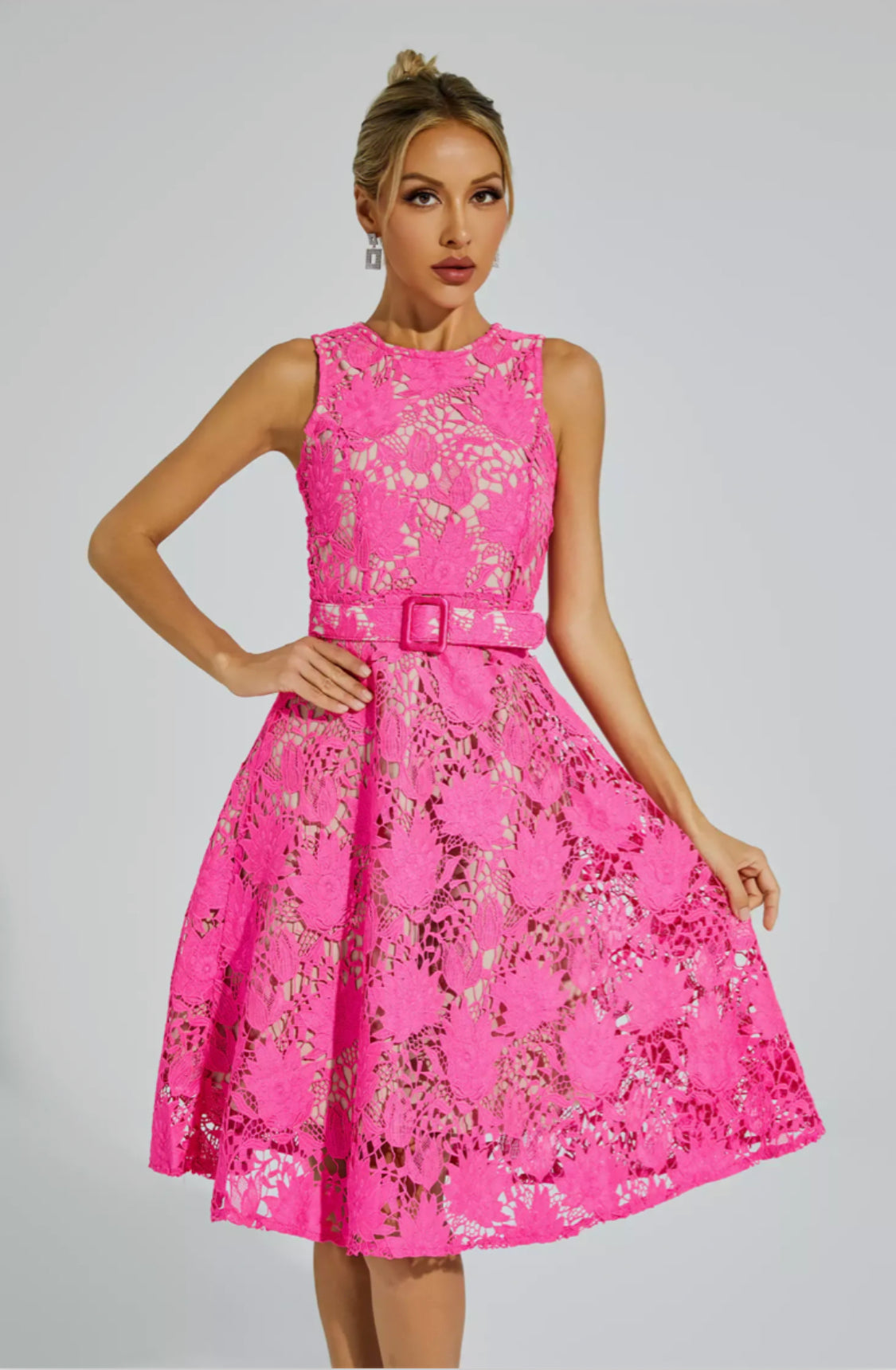 Briana pink belted midi dress