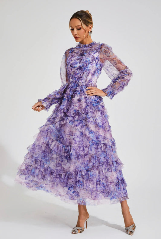 Floral purple mesh midi dress (Preorder)