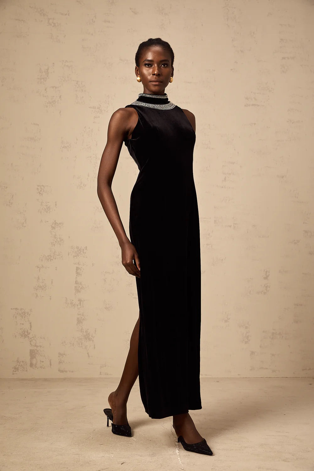 Crystal backless black maxi dress