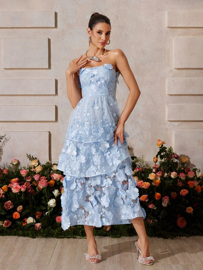 Embroidered blue flower maxi dress