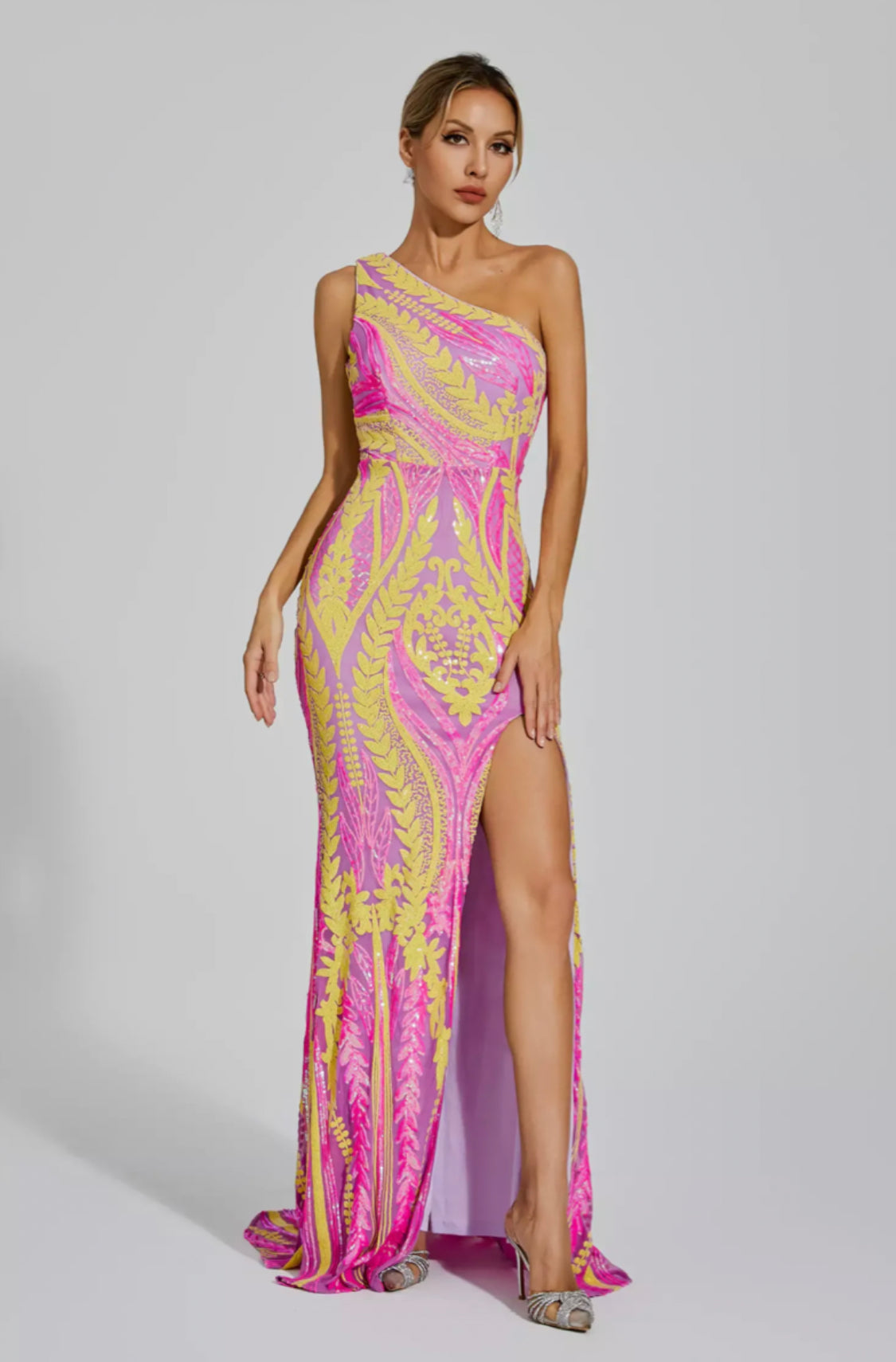 Phelps yellow/pink sequin maxi dress