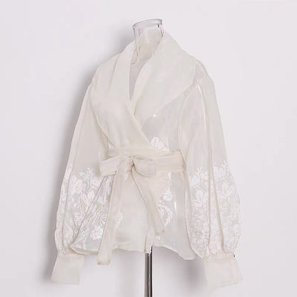 Semi Sheer Embroidered Wrap Blouse – Ivory