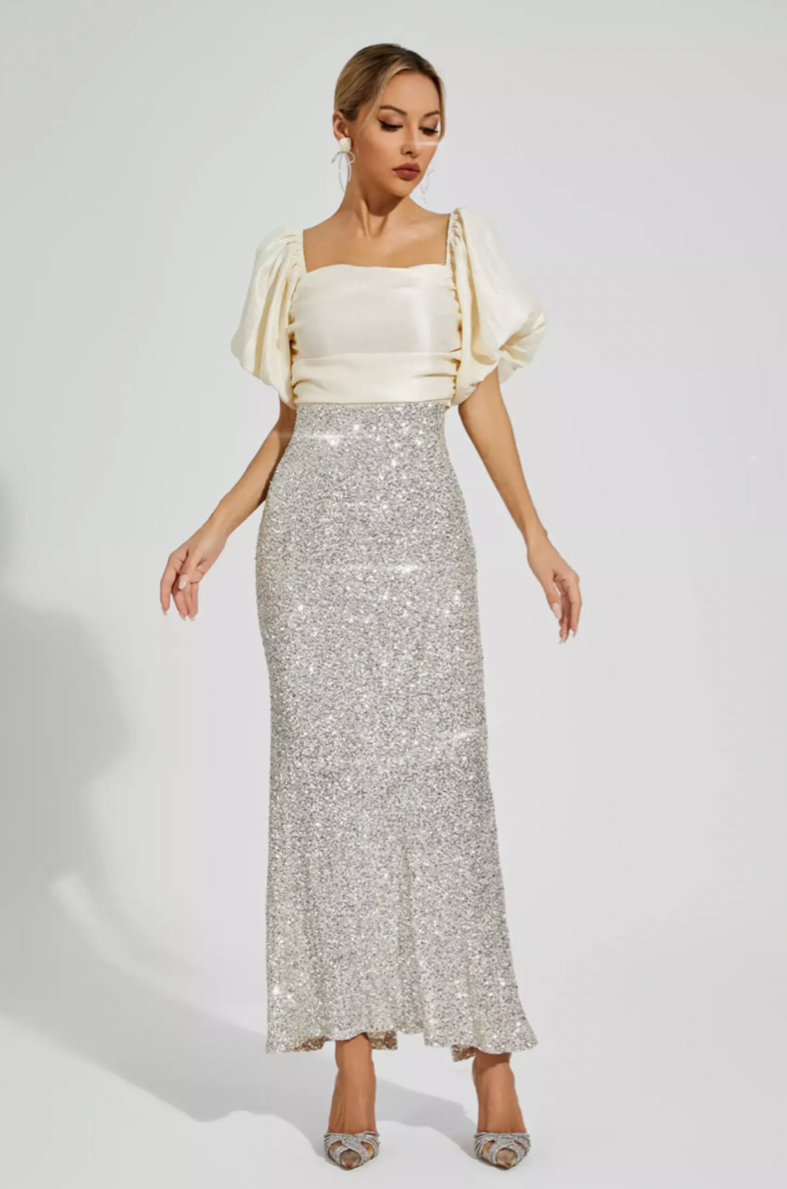 Linda apricot bow sequin maxi dress