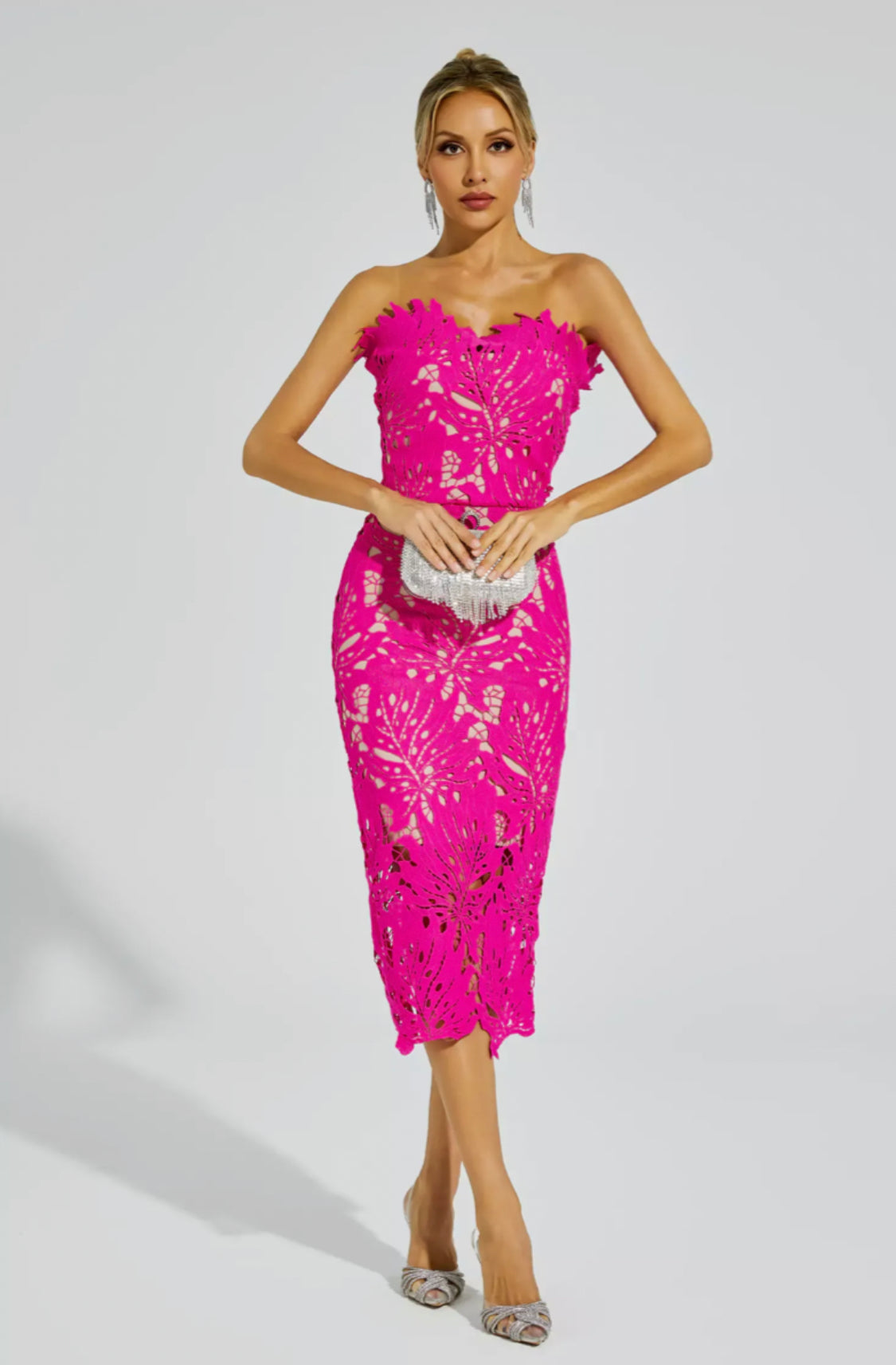 Jazlyn pink lace midi dress