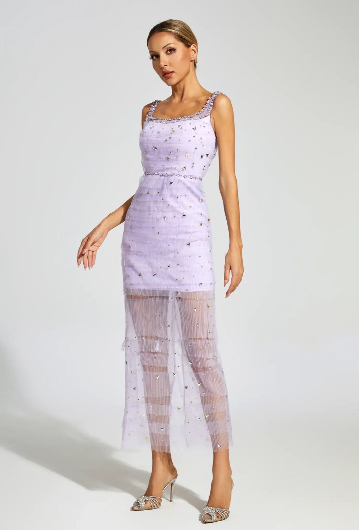 Purple mesh crystal midi dress