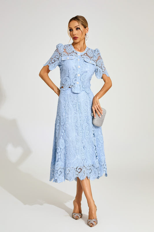 Amélie Sky Lace Midi Skirt & Top  Set