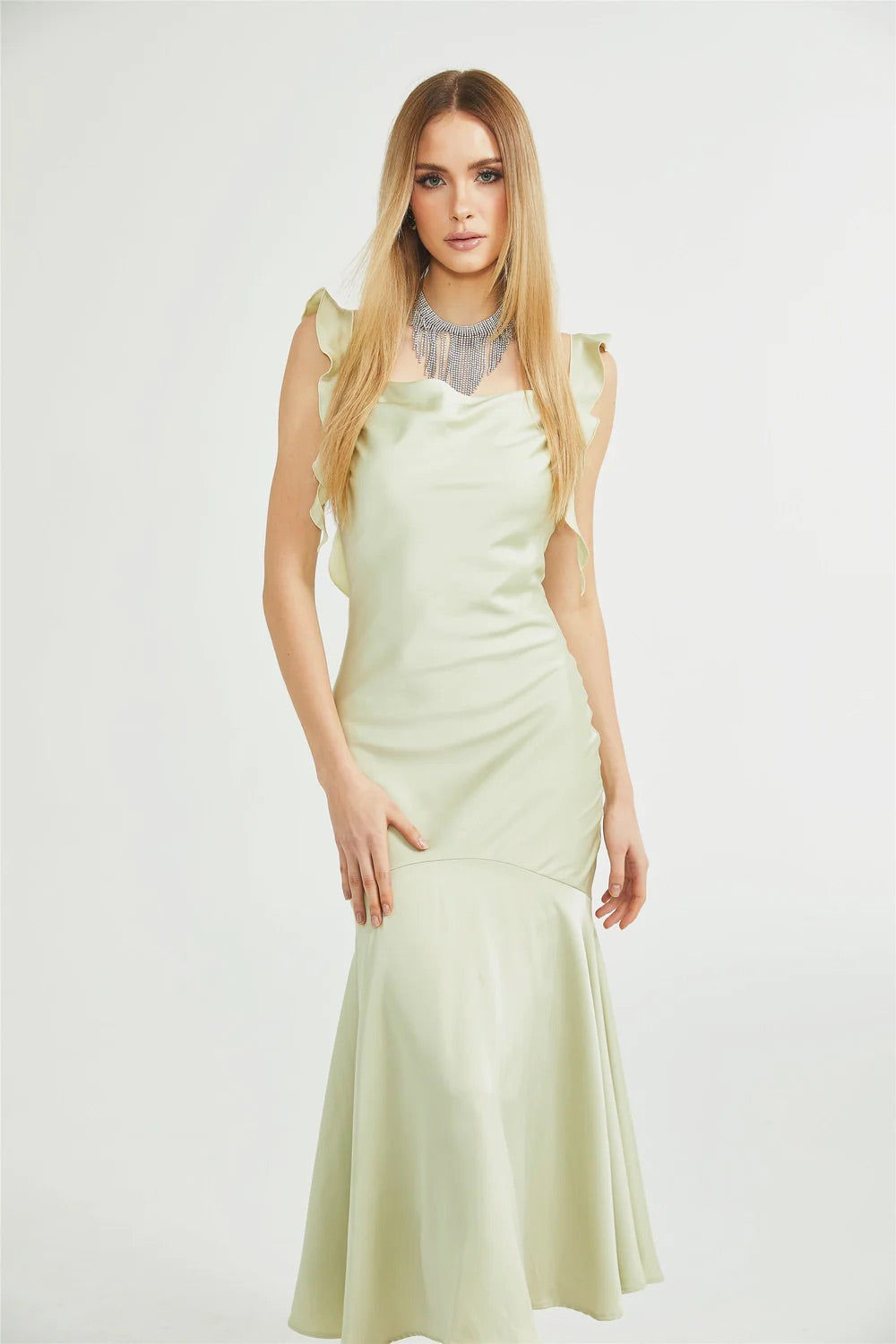 Marlena green satin midi dress