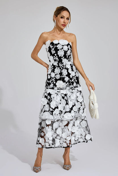 Embroidered black/white flower maxi dress