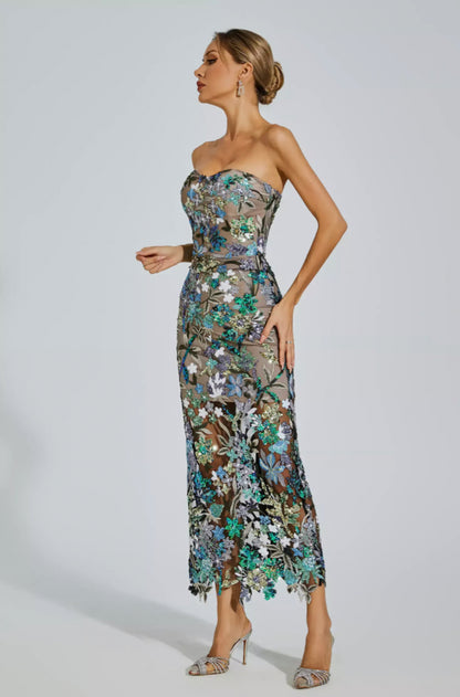 Leanna green/blue flower midi dress