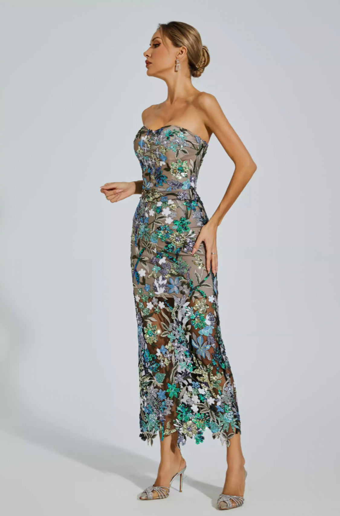 Leanna green/blue flower midi dress