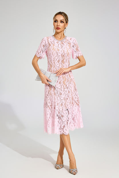 Jolie Sheer Pink  Lace Midi Dress