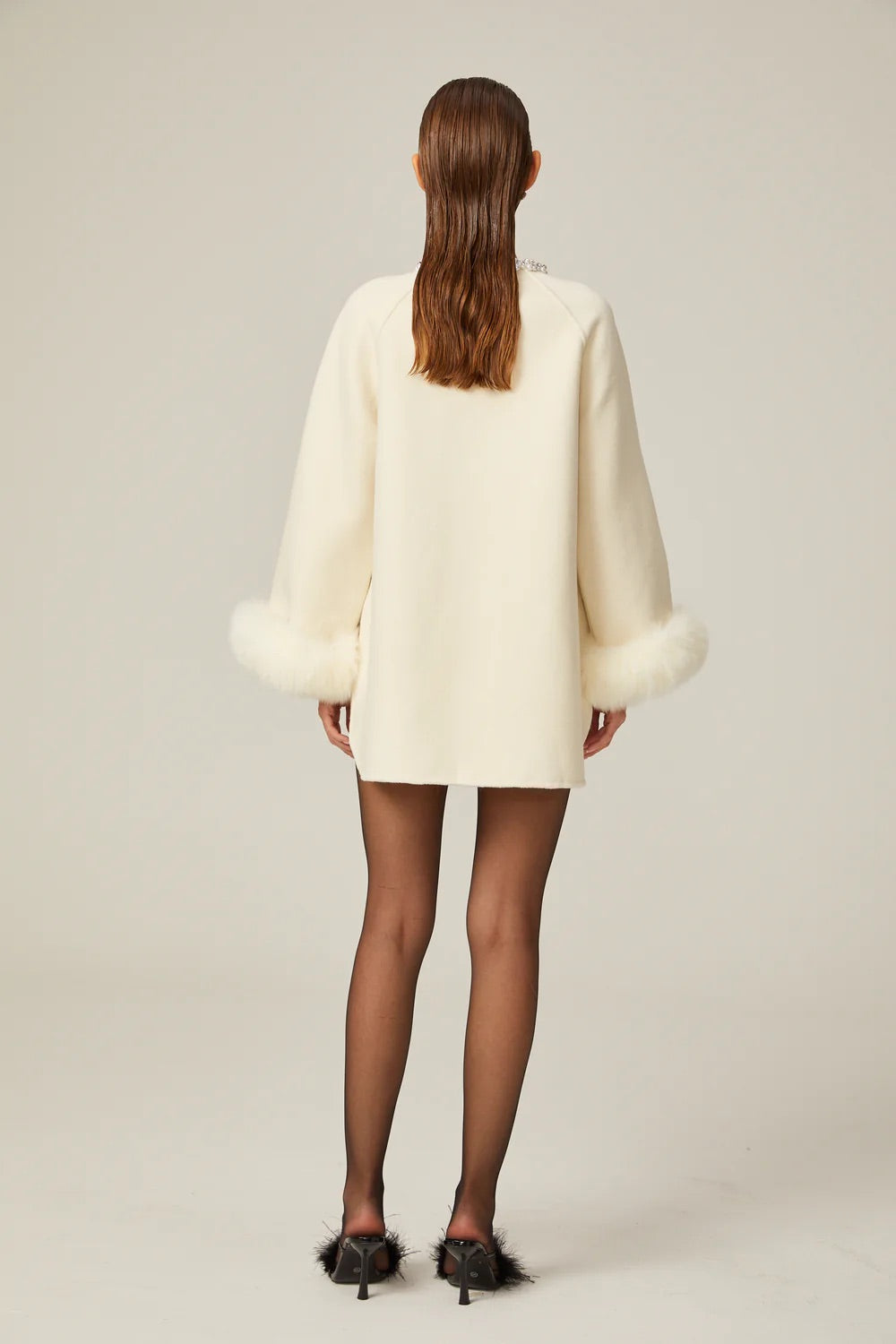 Wool fur crystal embellished coat