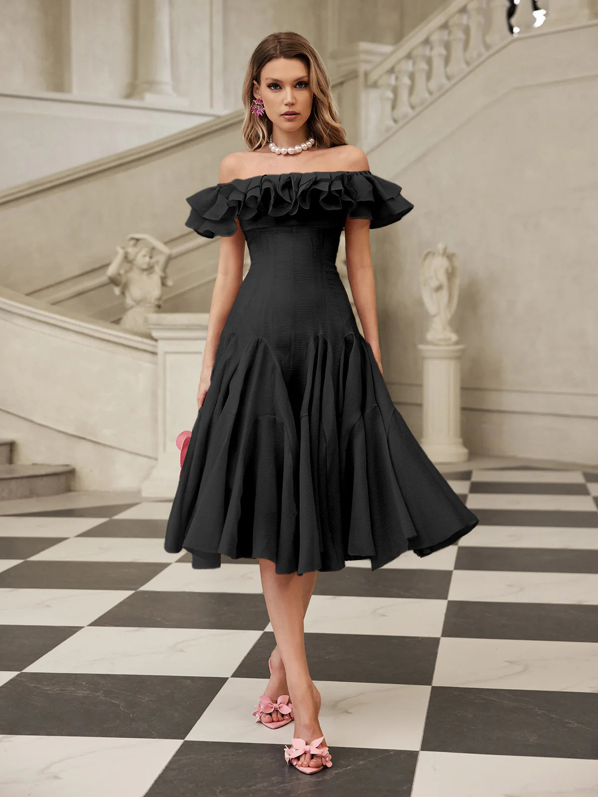Amélie Off Shoulder Ruffle Midi Dress