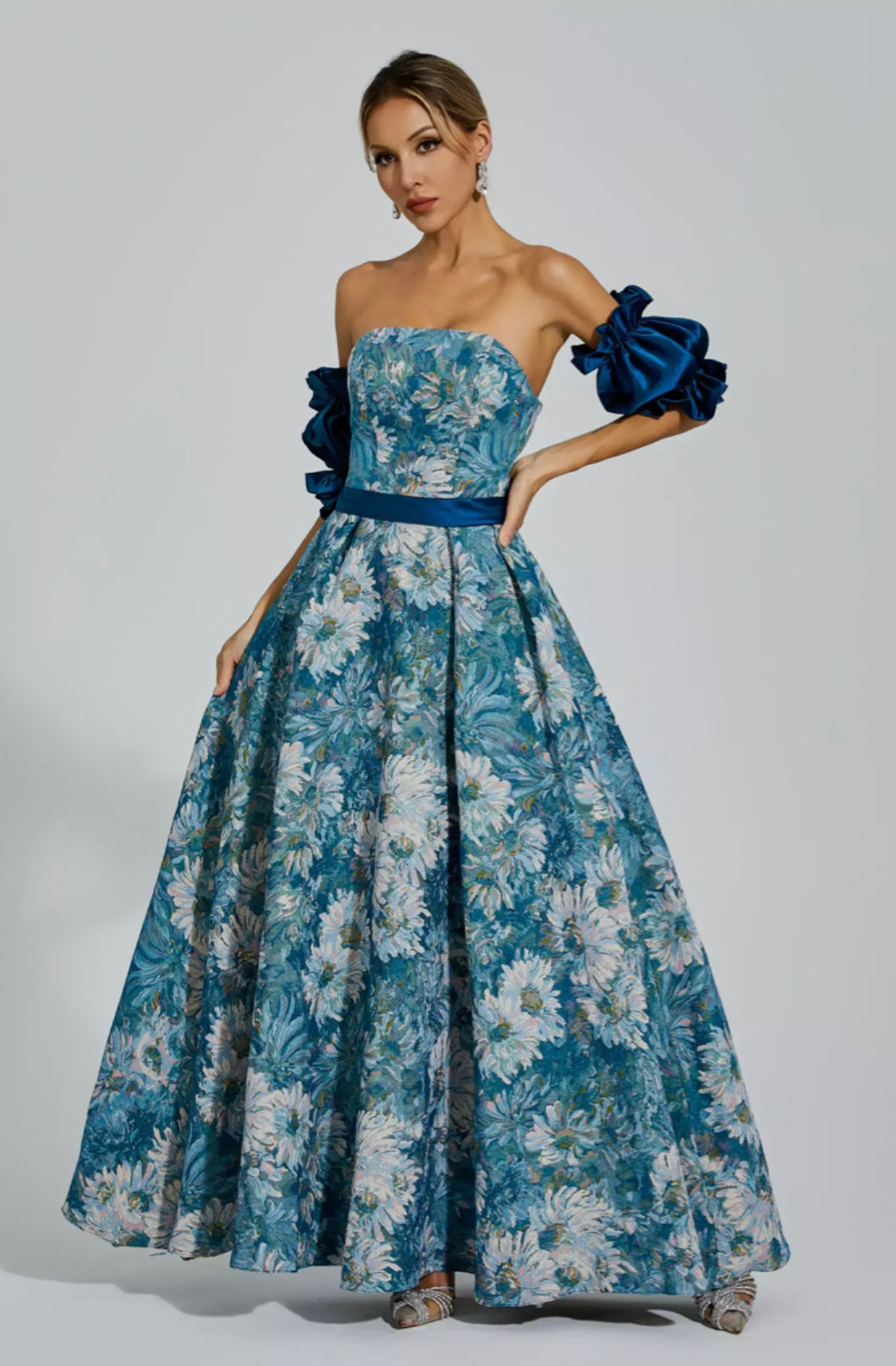 Samia flower off shoulder blue maxi dress