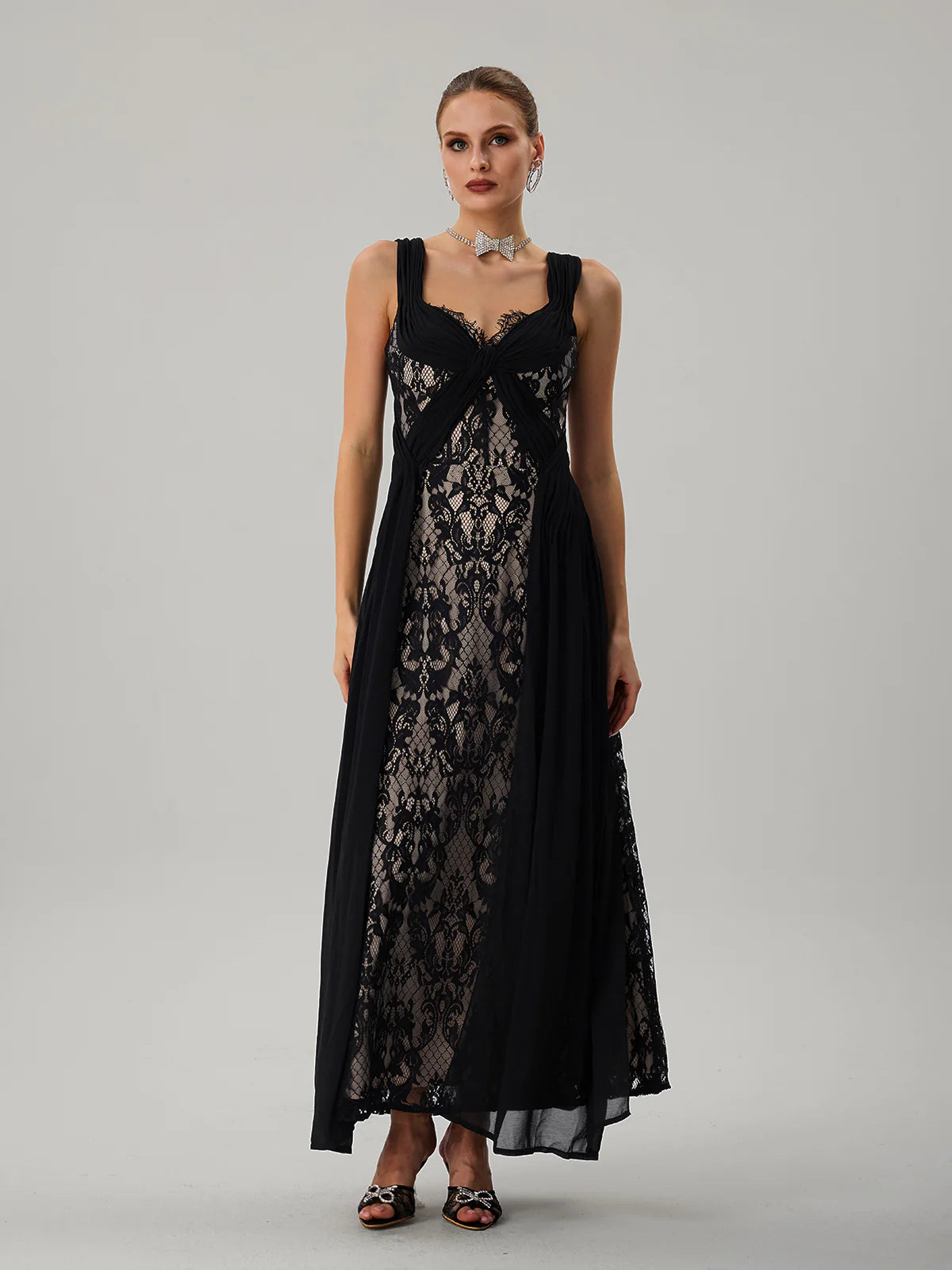 Noir Lace Draped Maxi Dress