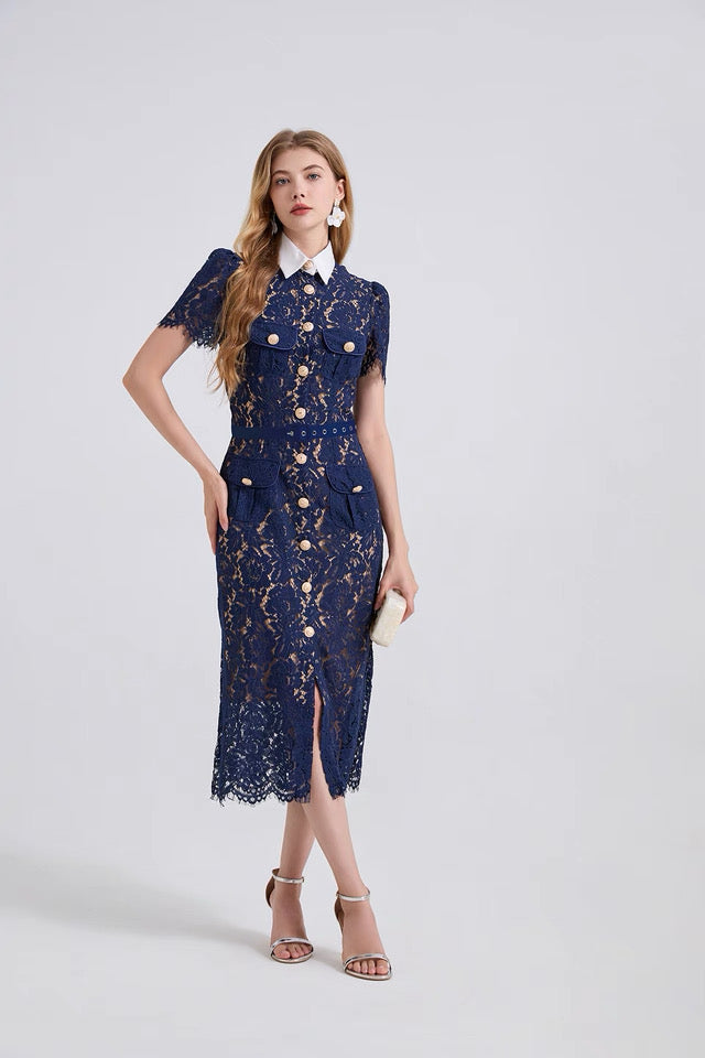 Guxi Navy Lace Collar Dress