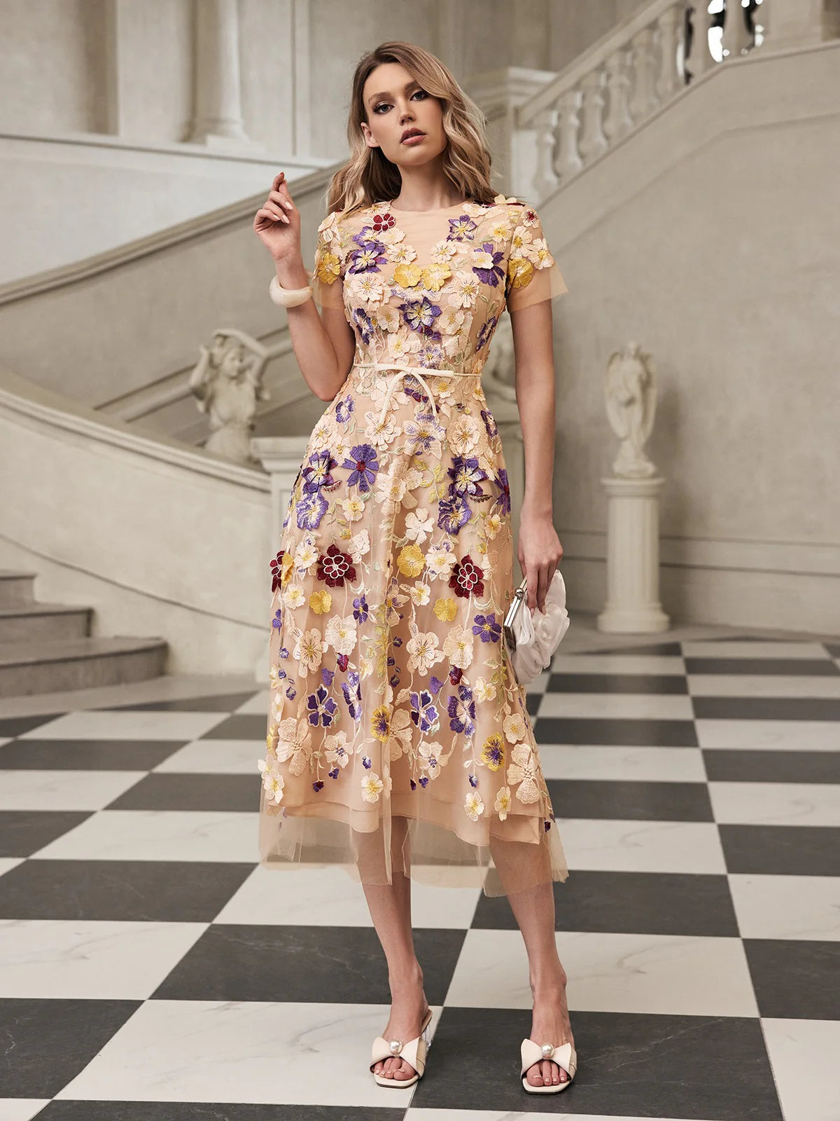 Fleur Embroidered Tulle Midi Dress