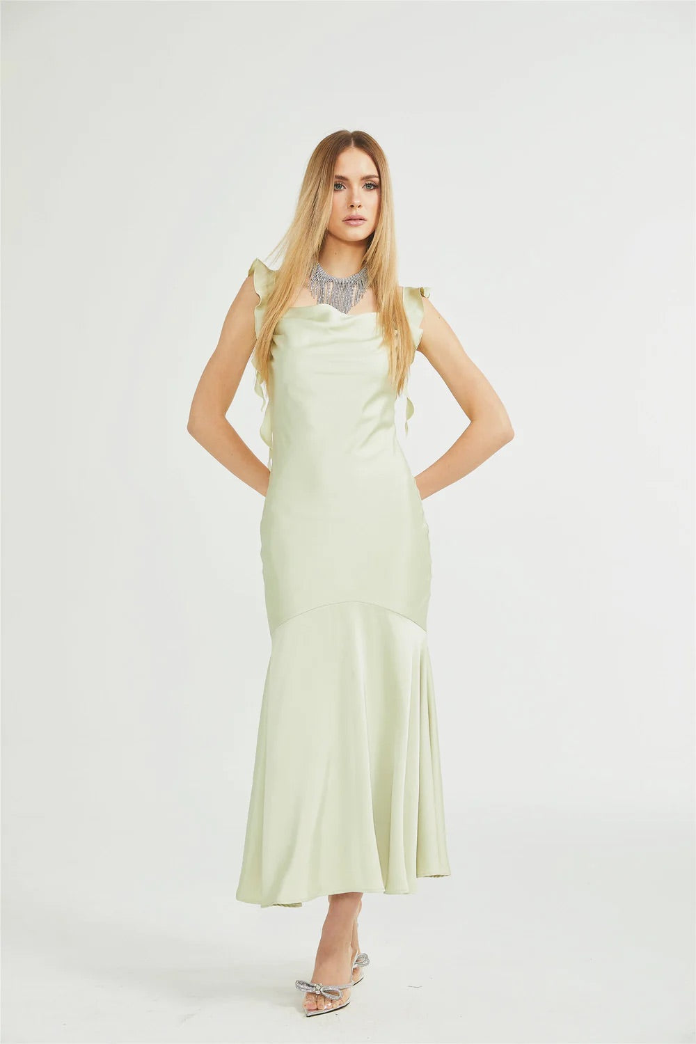 Marlena green satin midi dress