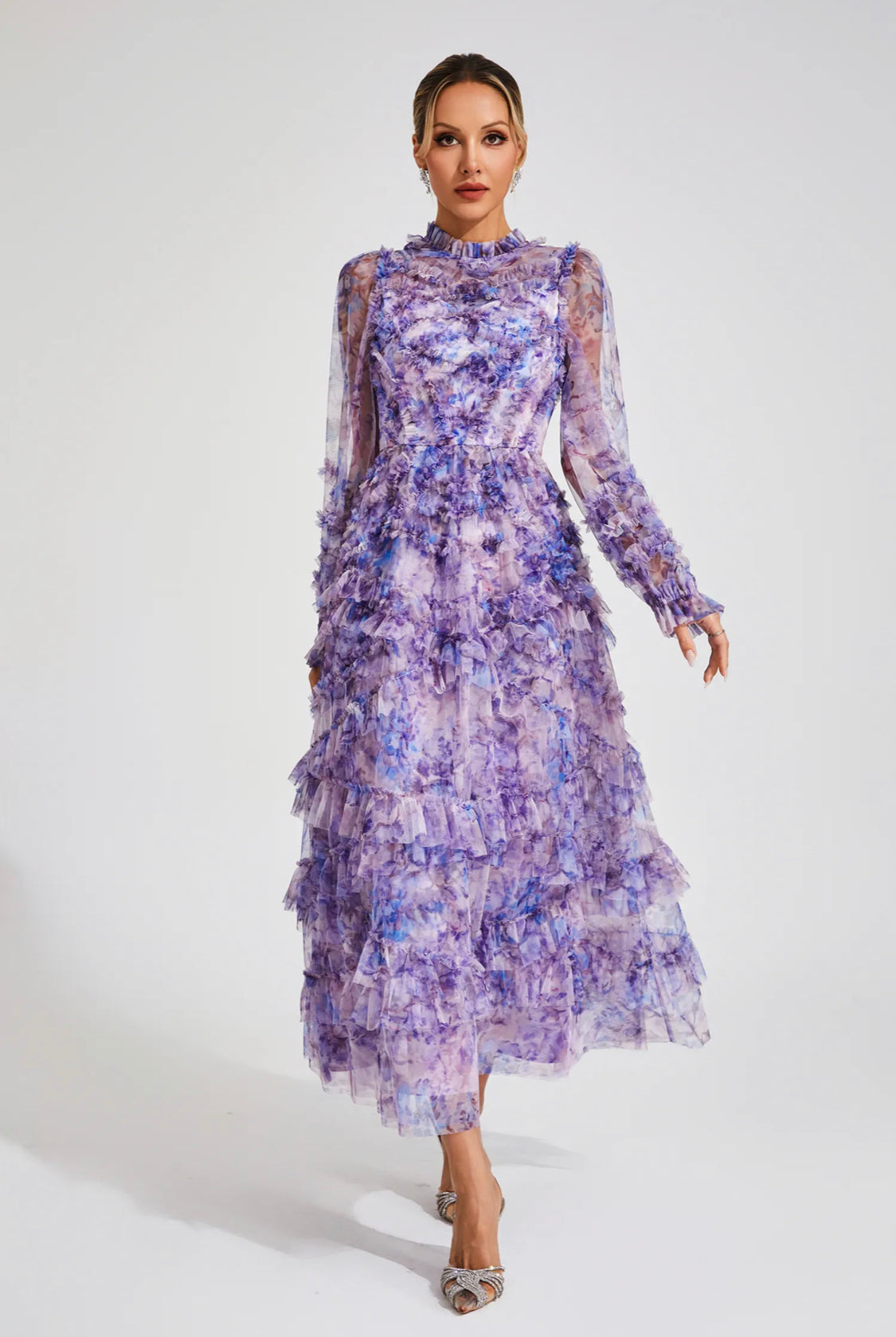 Floral purple mesh midi dress (Preorder)