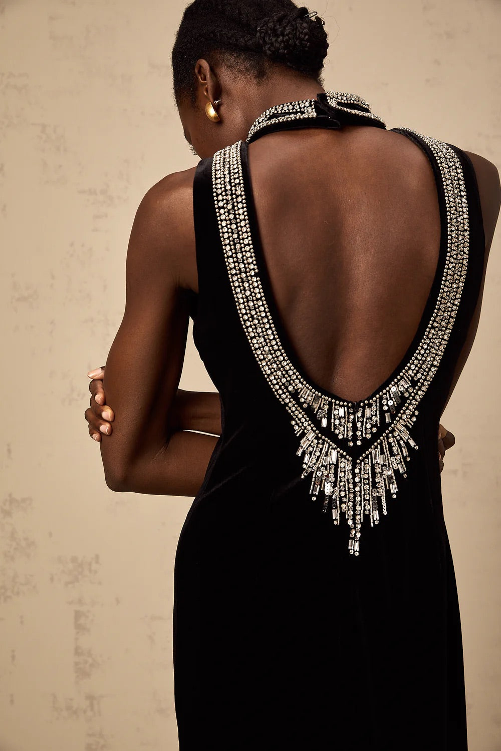 Crystal backless black maxi dress