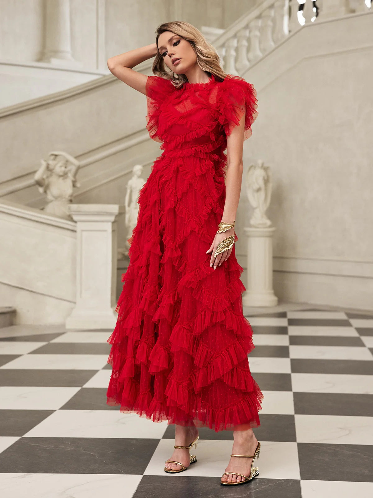 Red short sleeves mesh midi dress