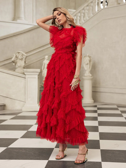 Red short sleeves mesh midi dress