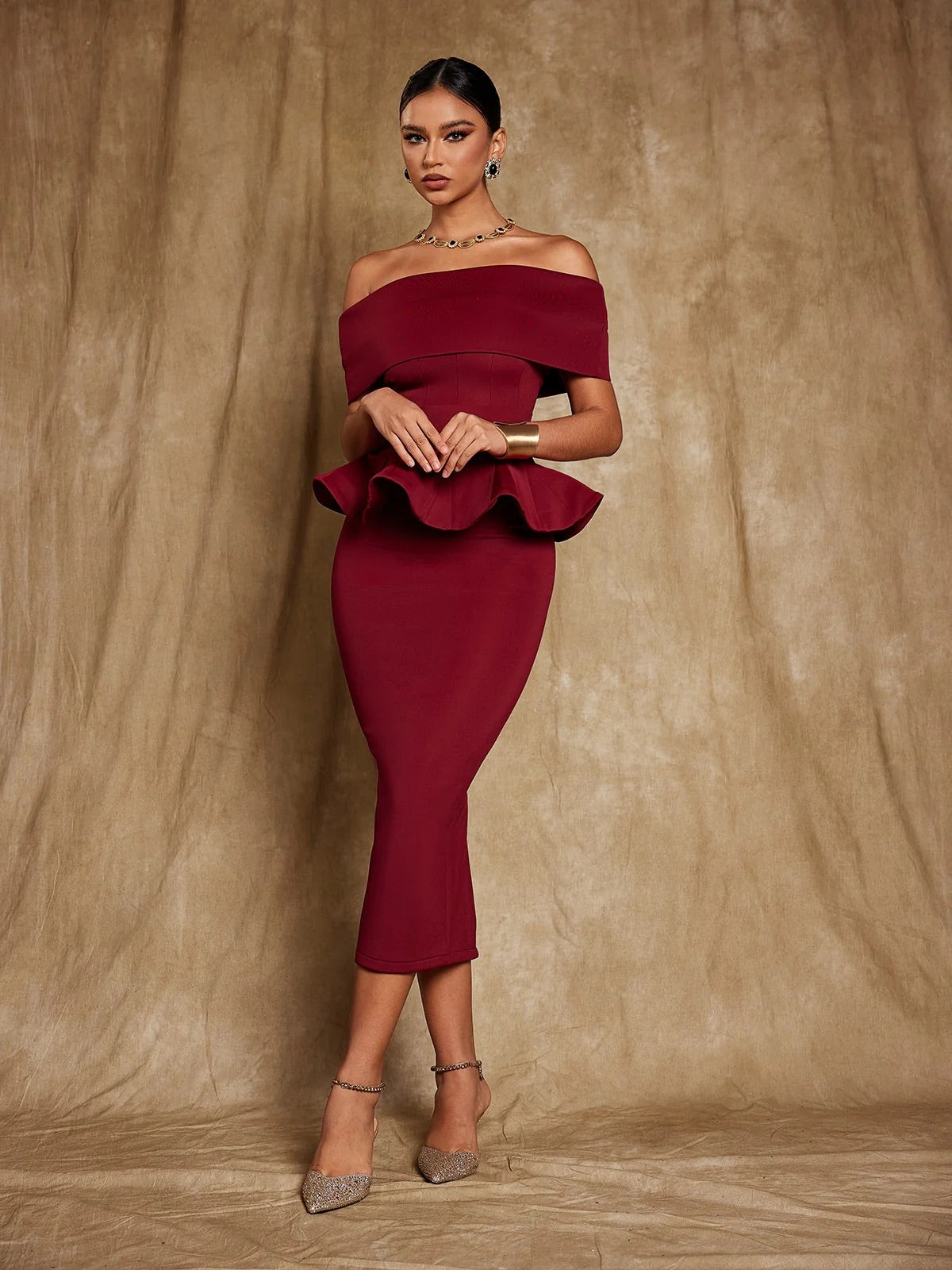 Off shoulder flounce midi dress