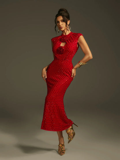 Scarlet Crystal Rose Midi Dress