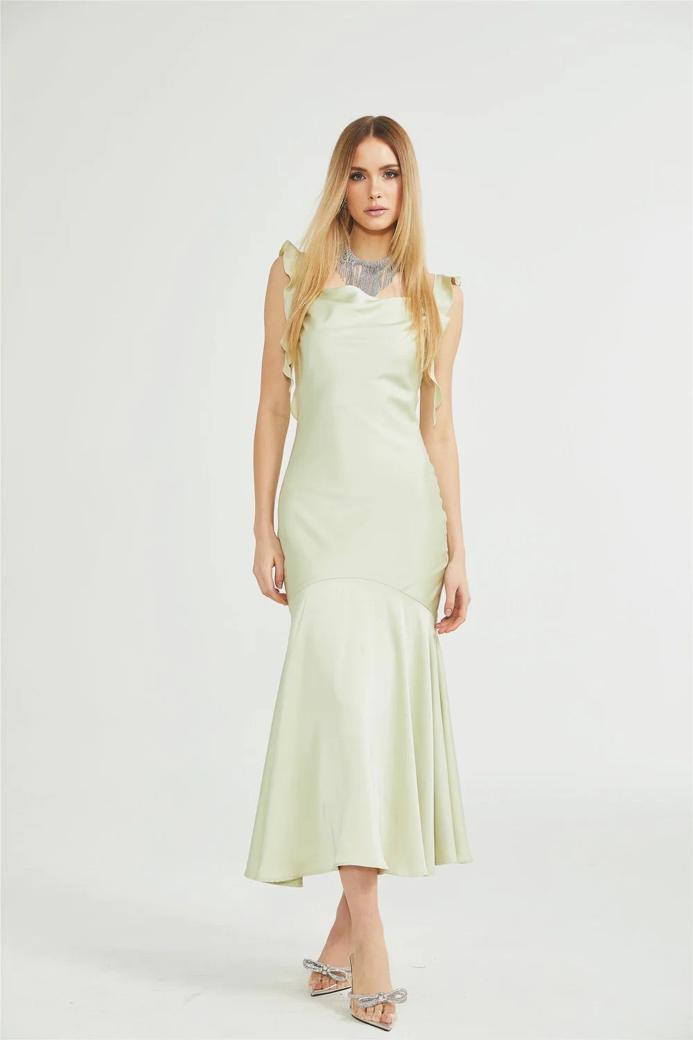 Marlena green satin midi dress