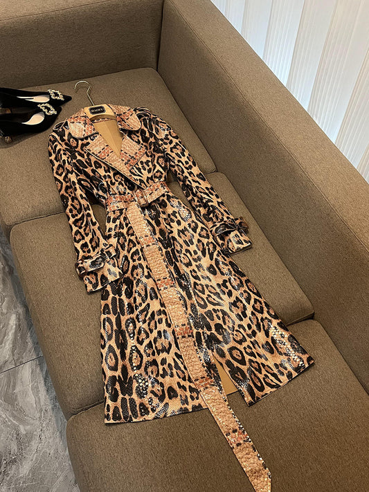 Leopard leather long coat (8141436813550)