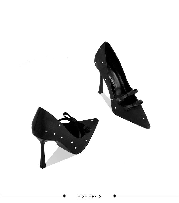 Noir Dot Bow-Accent Stiletto Pumps