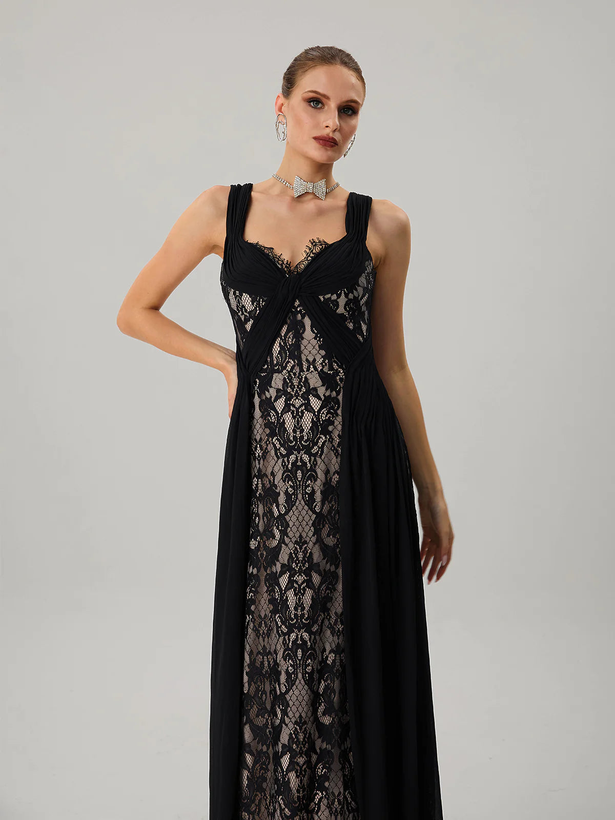 Noir Lace Draped Maxi Dress