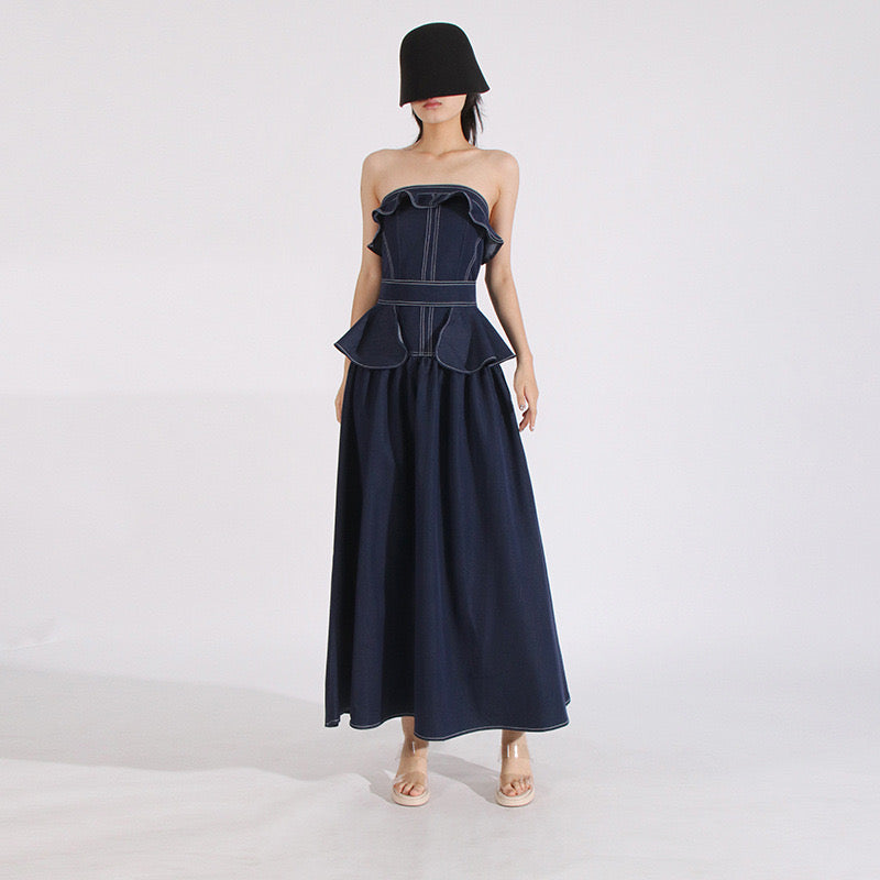 Strapless denim maxi dress