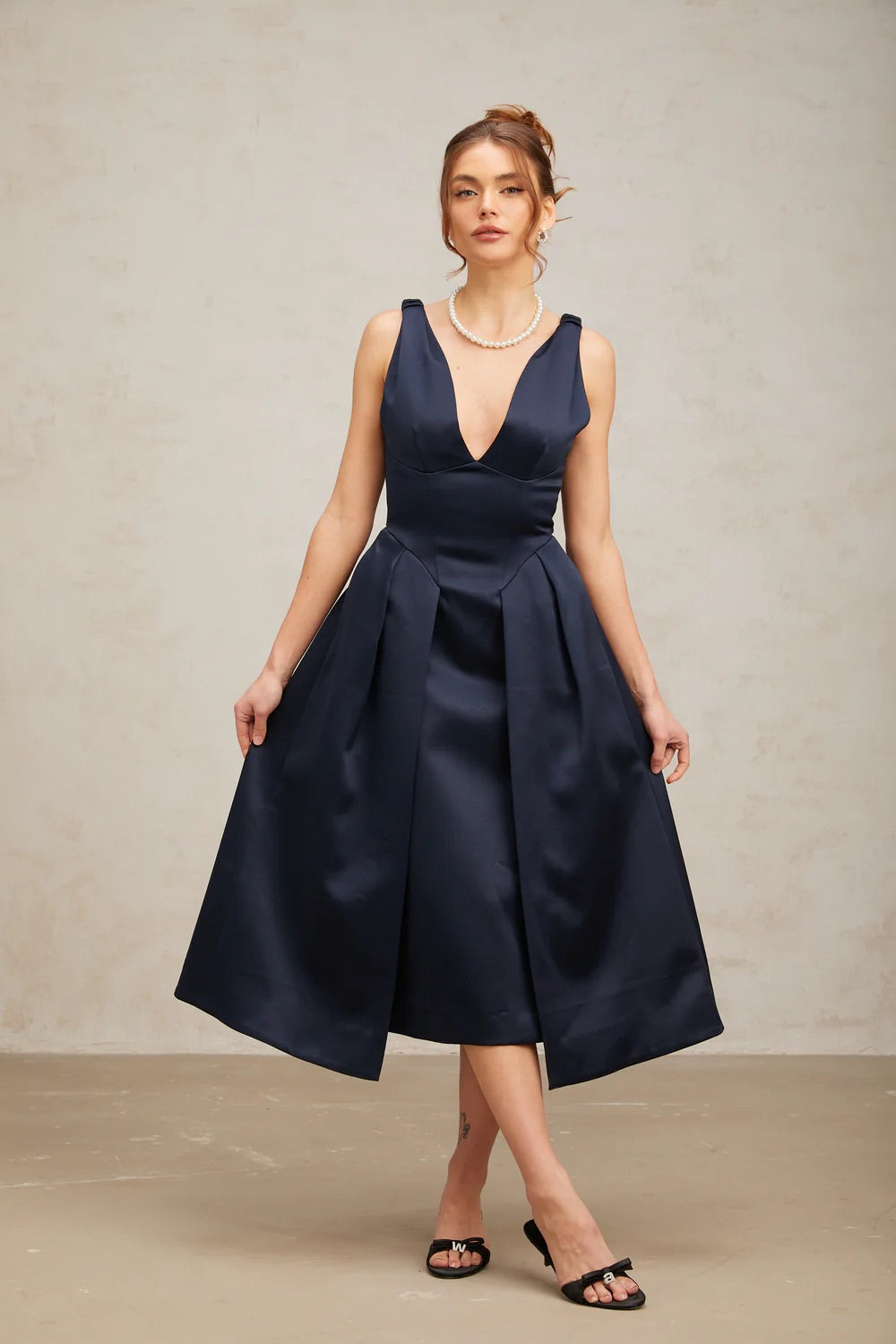 Dark blue satin midi dress