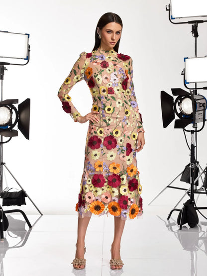 Soleil Bloom Flower Embroidered Midi Dress