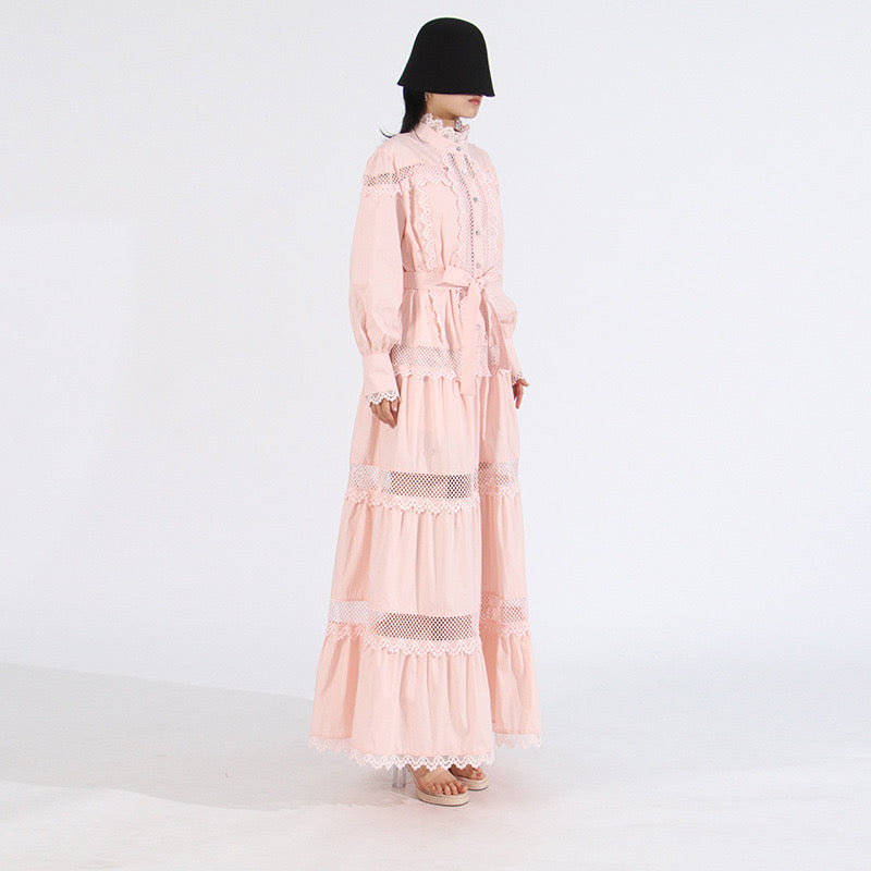 Pink belted long sleeves maxi dress